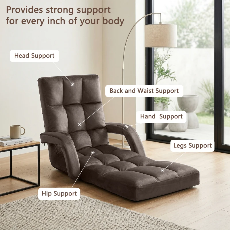 Folding Floor Chair with 14 Precision Adjustment Levels, Practical Floor Lounger for Reading, Gaming, or Relaxing, 20.5"L x 39.5"W x 25.5"H, Brown