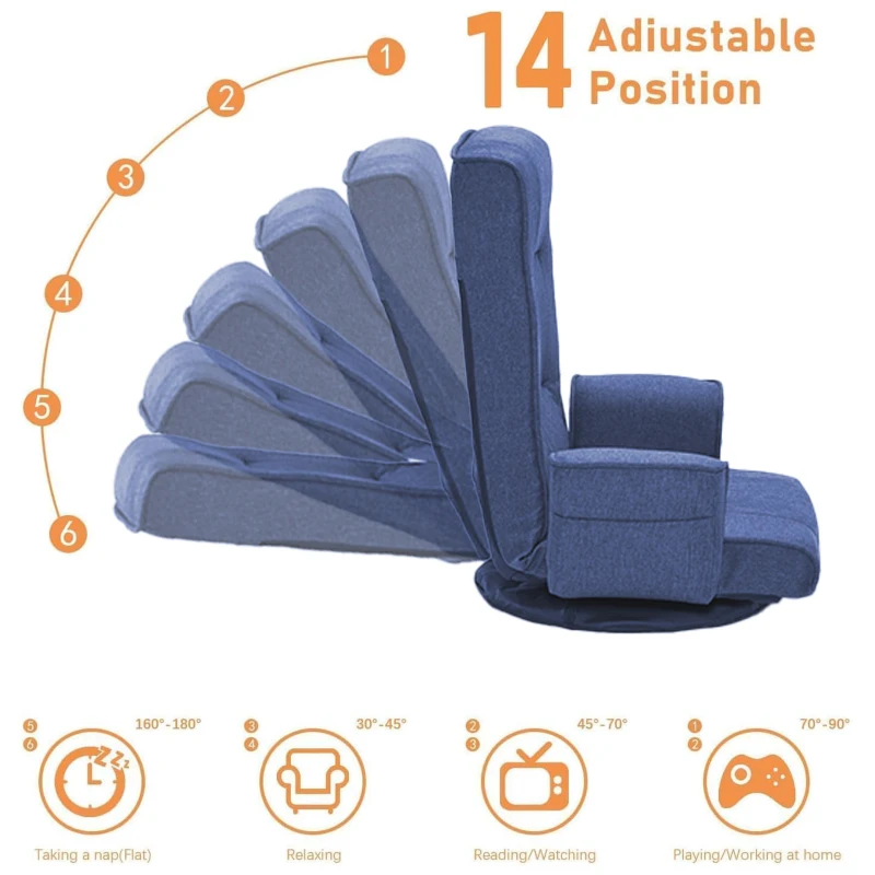 Swivel Floor Chair with 14-Angle Adjustable Backrest, Versatile Floor Lounger for Gaming, Meditation, and TV Watching, 18"L x 18.5"W x 30.5"H, Blue