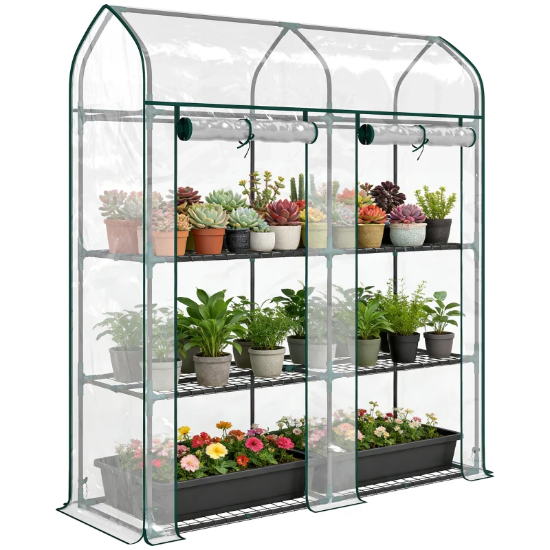 Outsunny 3 Tier Mini Greenhouse, Small Portable Greenhouse with 2 Roll-up Doors, 56.3" x 18.1" x 65", Clear