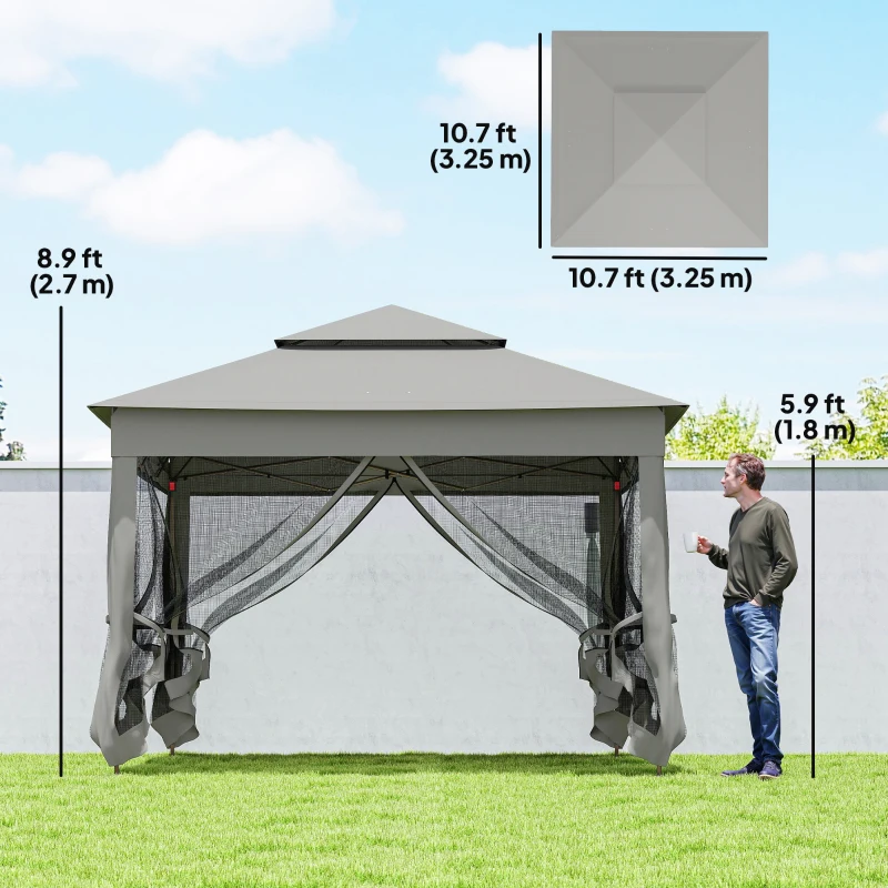 Outsunny 11' x 11' Pop Up Gazebo 2-Tier Soft Top Shelter Event Tent w/ Netting Carry Bag for Patio Backyard Garden, Light Grey