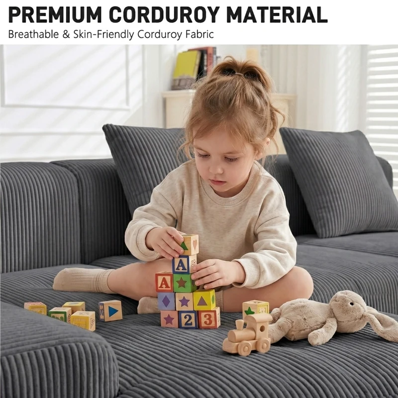 Modern Modular Compressed Sofa with Movable Ottoman, Memory-Foam Corner Couch for Apartments and Bedrooms, 118"L x 39.5"W x 29.5"H, Dark Gray