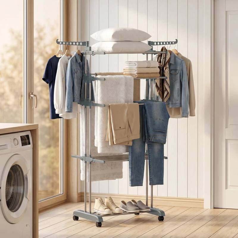 HOMCOM 5-Tier Clothes Drying Rack, Foldable Laundry Drying Rack with Wheels, Side Wings, Grey