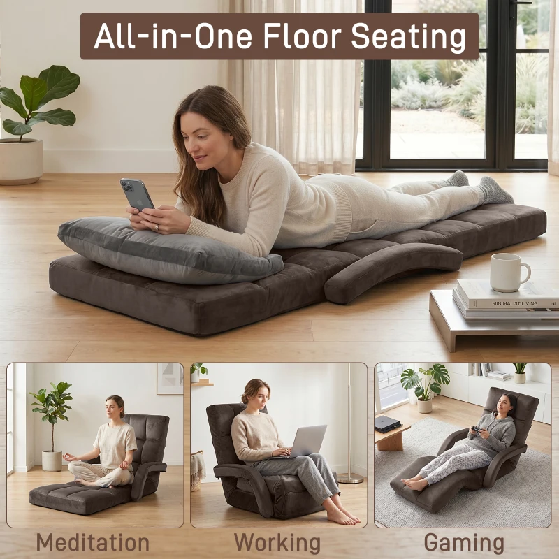 Folding Floor Chair with 14 Precision Adjustment Levels, Practical Floor Lounger for Reading, Gaming, or Relaxing, 20.5"L x 39.5"W x 25.5"H, Brown