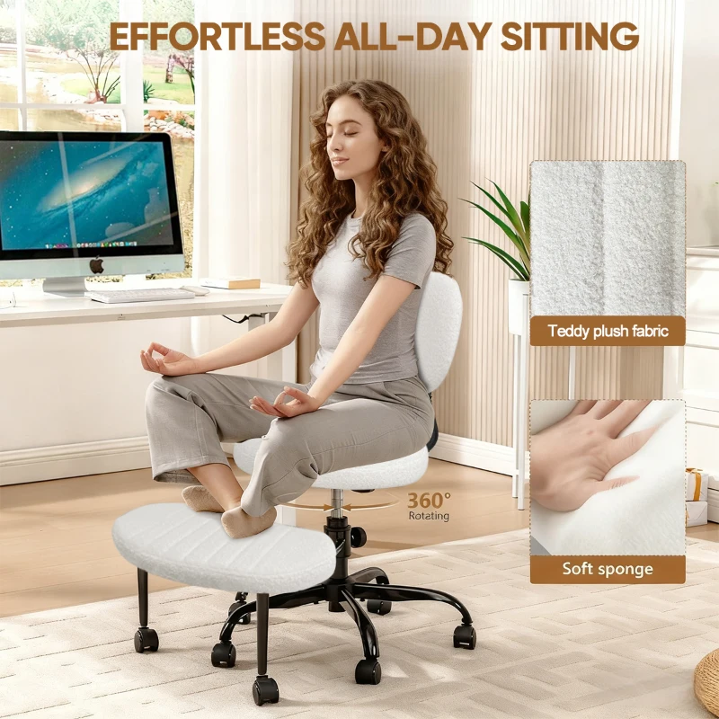 Ergonomic Cross-Legged Meditation Chair with Lumbar Support, Swivel Executive Office Desk Stool for Home Offices, 27" L x 35" W x 36.5" H, White