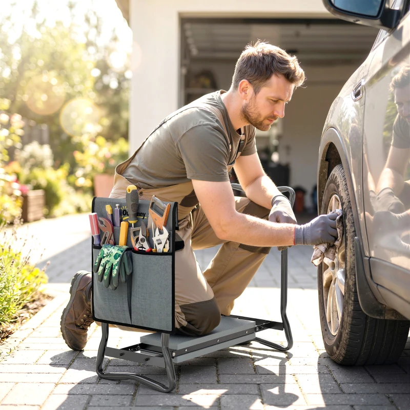 Outsunny 2-In-1 Garden Kneeler and Seat, Heavy Duty Foldable Garden Stool with Soft EVA Pad and Tool Pouch, Gray
