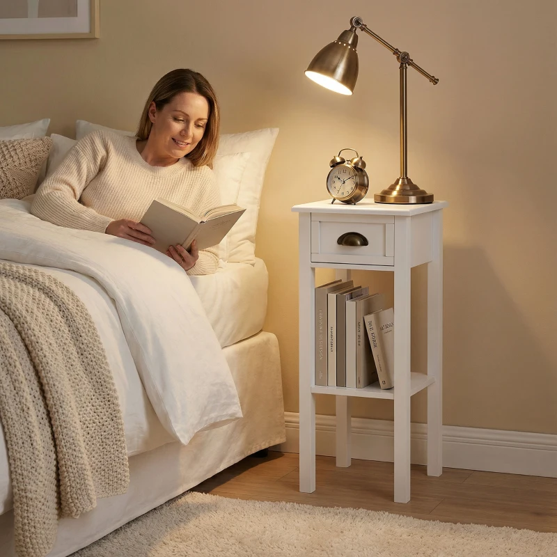 HOMCOM 2-Tier Side Table with Drawer and Shelf, End Table for Living Room and Hallway, White