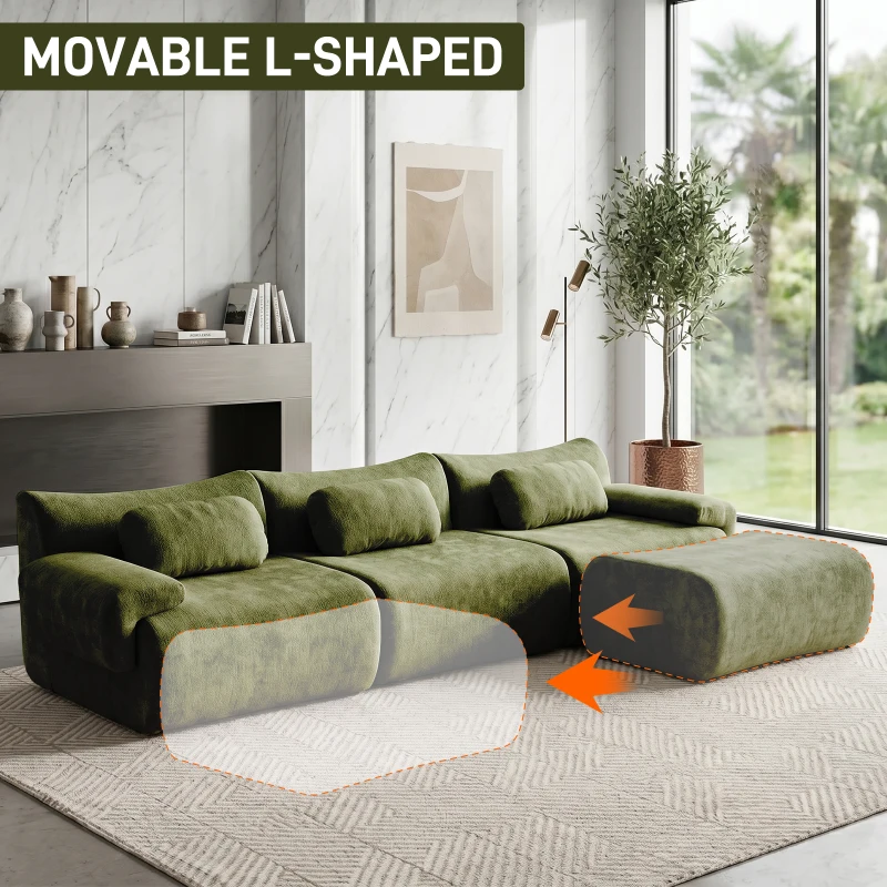 L-Shaped Compressed Sofa with High-Density Chenille Fabric and Supportive Backrests, Stylish Couch with Boneless Construction, 126"L x 68.5"W x 32"H, Green