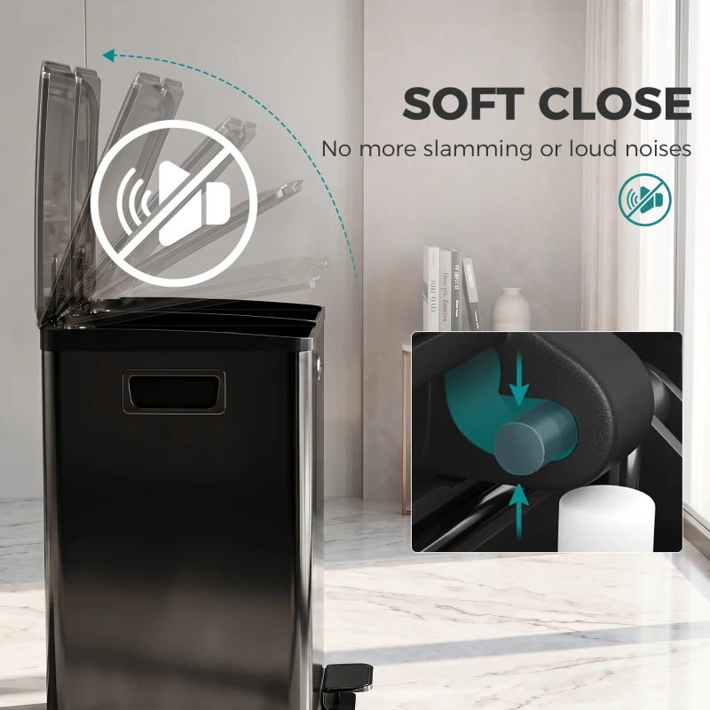 HOMCOM Garbage Bin, Soft-Close Trash Can with Foot Pedal, 2x5 Gal (2x20 L) Garbage Can with Removable Inner Buckets, Black