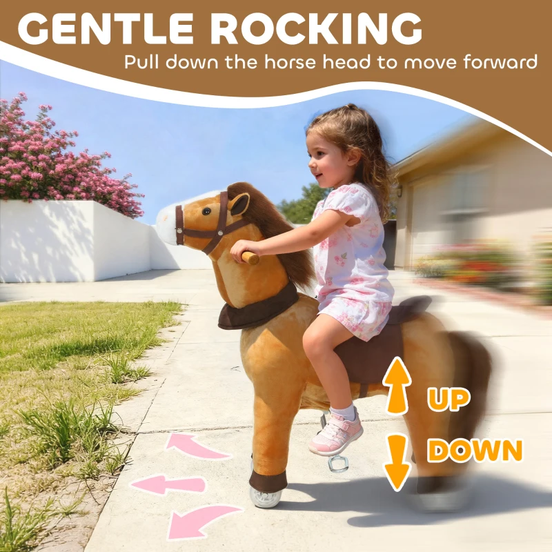 Qaba Ride on Horse, Plush Riding Pony for Ages 3-5, Walking Horse Animal with Wheels for Active Play, Dark Brown