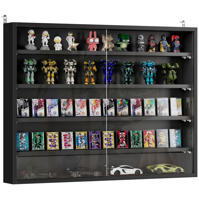 HOMCOM 5-Tier Display Cabinet, Wall-Mounted Display Case with 2 Glass Doors and Adjustable Shelves, Jet Black