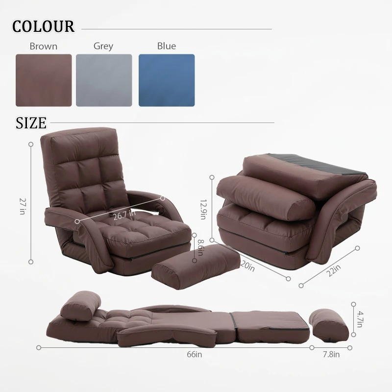Cozy Floor Chair with 14 Adjustable Positions, Foldable Lazy Lounger for Home Offices and Gaming Rooms, 26.5"L x 22"W x 27"H, Brown