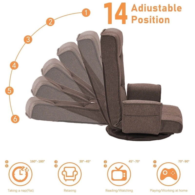 Swivel Floor Chair with 14-Angle Adjustable Backrest, Versatile Floor Lounger for Gaming, Meditation, and TV Watching, 18"L x 18.5"W x 30.5"H, Brown