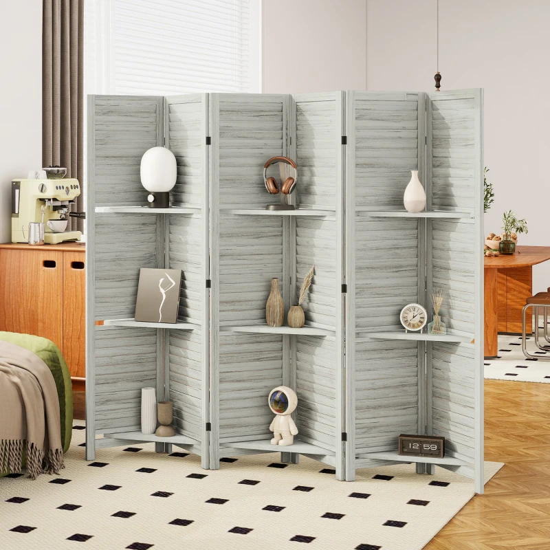 HOMCOM 6 Panel 67" Tall Wood Privacy Screen Room Divider with 3 Shelves and Folding Storage for Bedroom, White