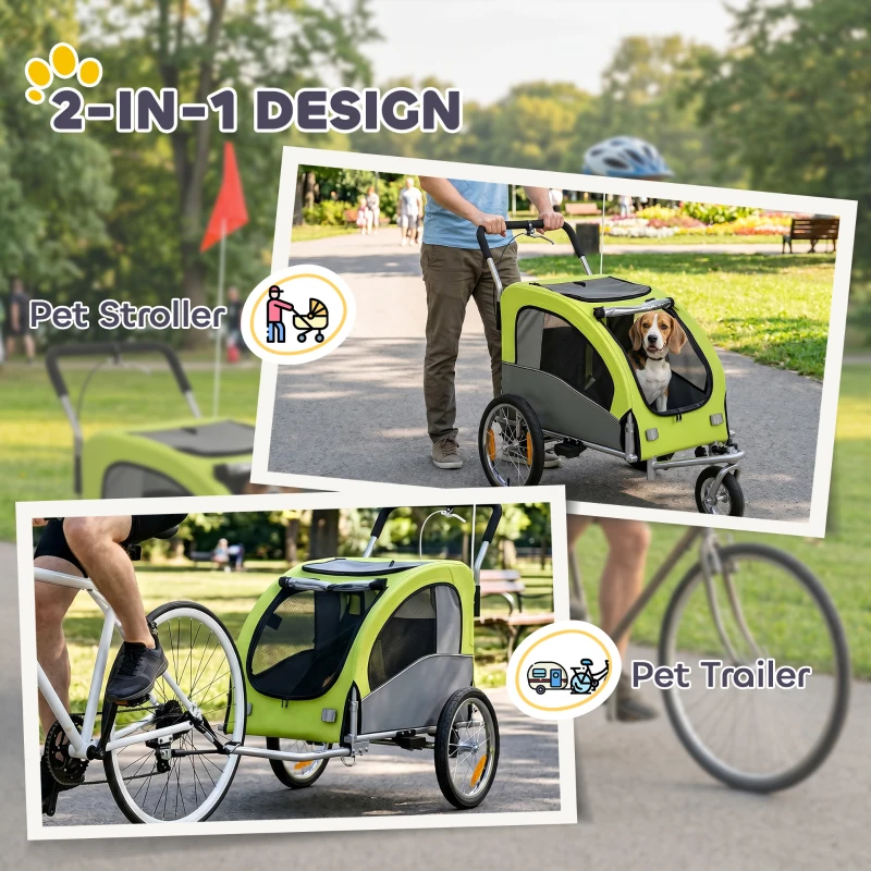 Aosom 2 in 1 Dog Bike Trailer, Foldable Pet Stroller, Dog Bicycle Trailer with Suspension, for Medium Dogs up to  44 LBS, Green