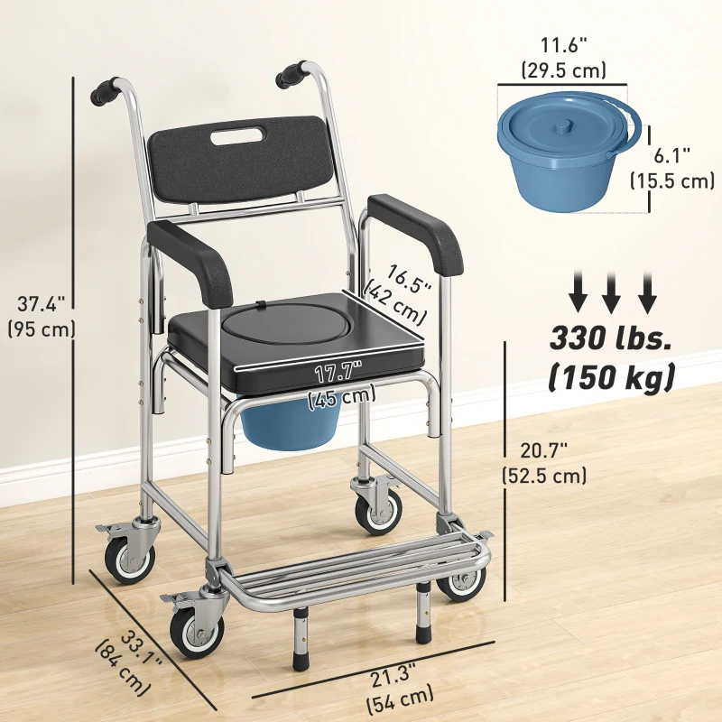 HOMCOM 3-in-1 Shower Commode Wheelchair, Transport Beside Commode Chair with Padded Seat for the Elderly, Disabled