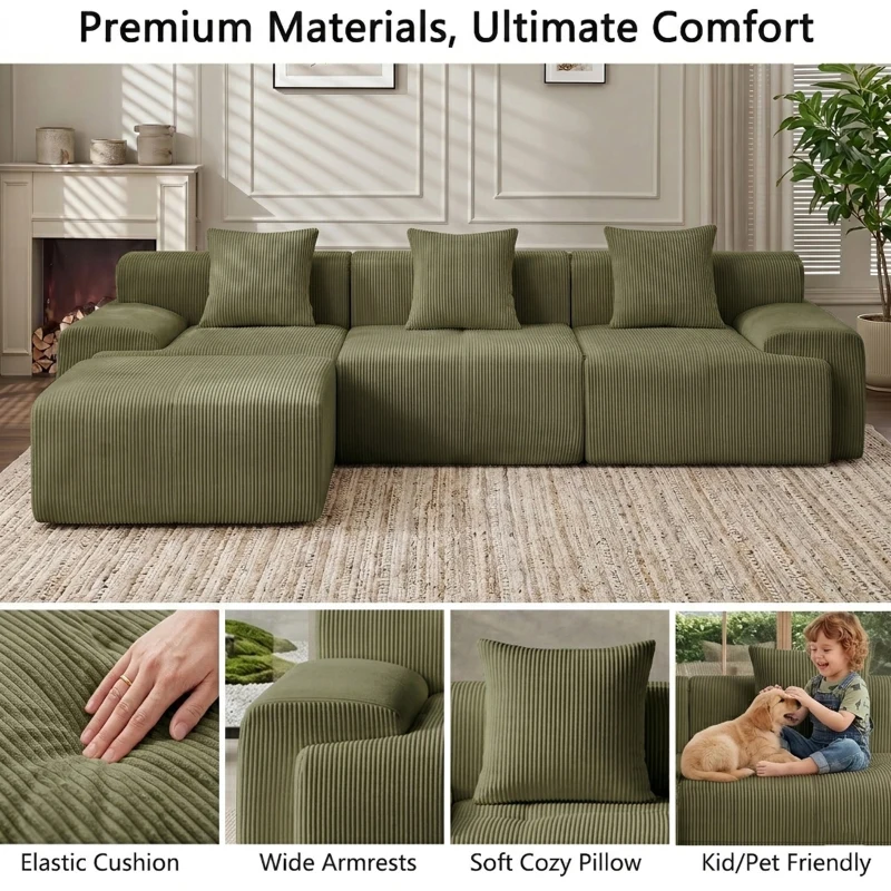 Modern Modular Compressed Sofa with Movable Ottoman, Memory-Foam Corner Couch for Apartments and Bedrooms, 118"L x 39.5"W x 29.5"H, Green