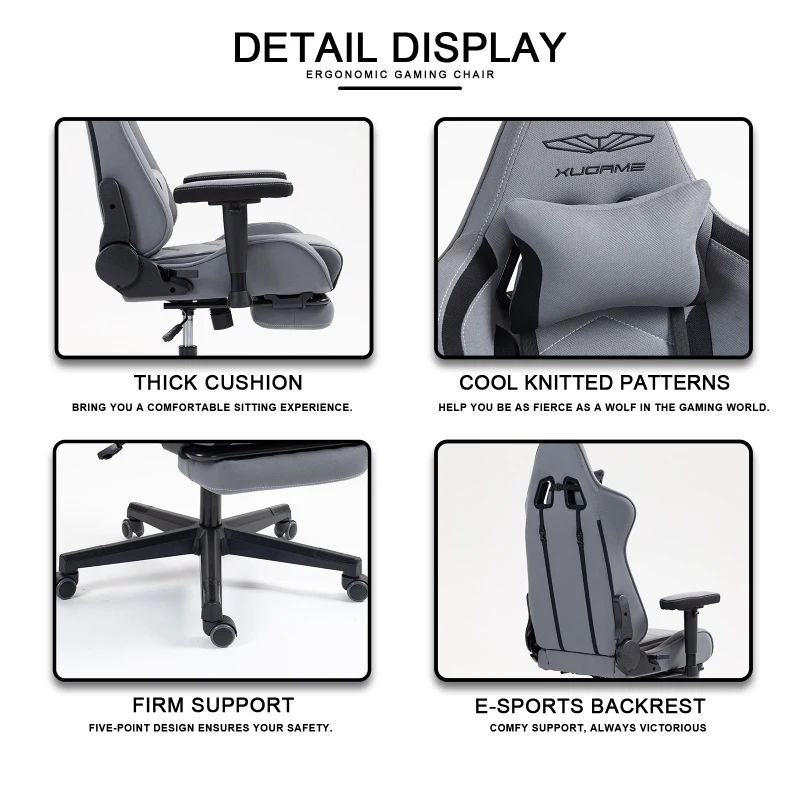 Ergonomic Gaming Chair with Adjustable Lumbar and Headrest Pillows, Cozy Computer Seat for Office and Gaming, 27.5"L x 20.5"W x 53"H, Gray