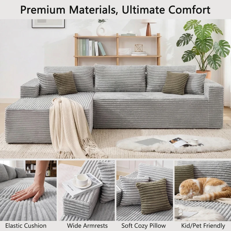 Cozy L-Shaped Compressed Sofa with 1400 lbs Weight Capacity and Cloud-Like Memory Foam, Spacious Couch for Big Families, 108"L x 68"W x 33"H, Gray