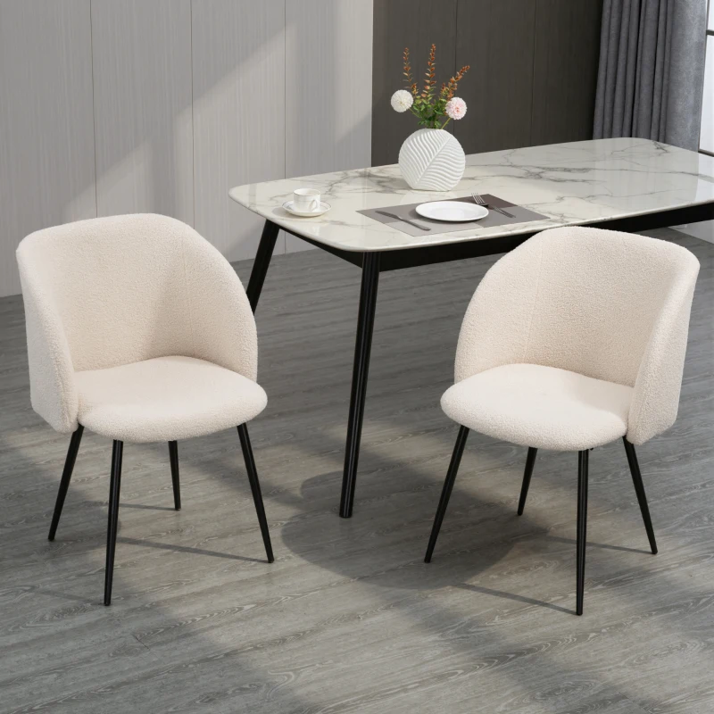 HOMCOM Dining Chairs Set of 2, Sherpa Fleece Upholstered Kitchen Chairs with Backrest and Steel Legs, Cream White