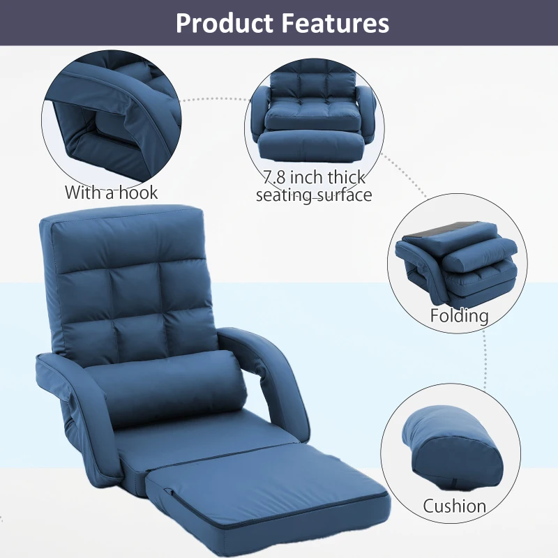Cozy Floor Chair with 14 Adjustable Positions, Foldable Lazy Lounger for Home Offices and Gaming Rooms, 26.5"L x 22"W x 27"H, Blue