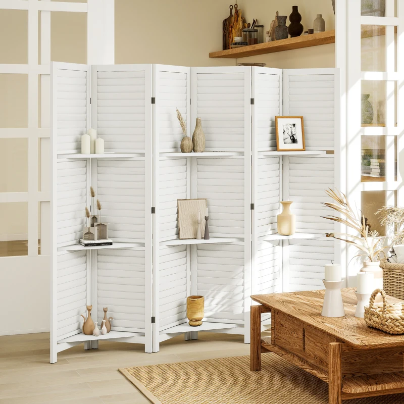 HOMCOM 6 Panel 67" Tall Wood Privacy Screen Room Divider with 3 Shelves and Folding Storage for Bedroom, White
