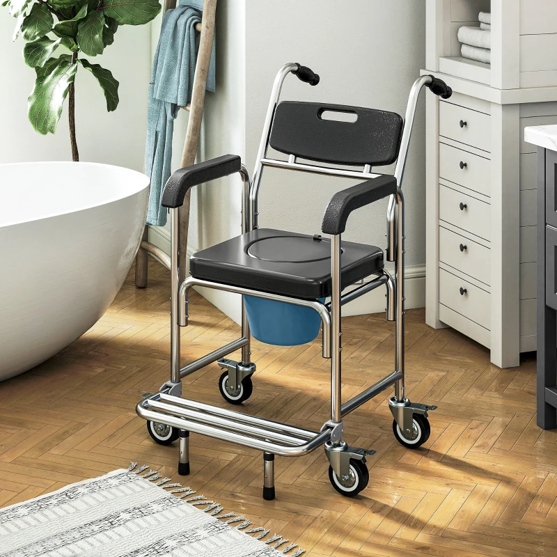 HOMCOM 3-in-1 Shower Commode Wheelchair, Transport Beside Commode Chair with Padded Seat for the Elderly, Disabled