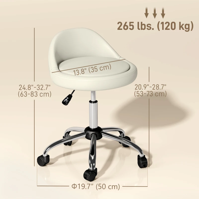 HOMCOM Salon Stool, Adjustable Rolling Stool, White