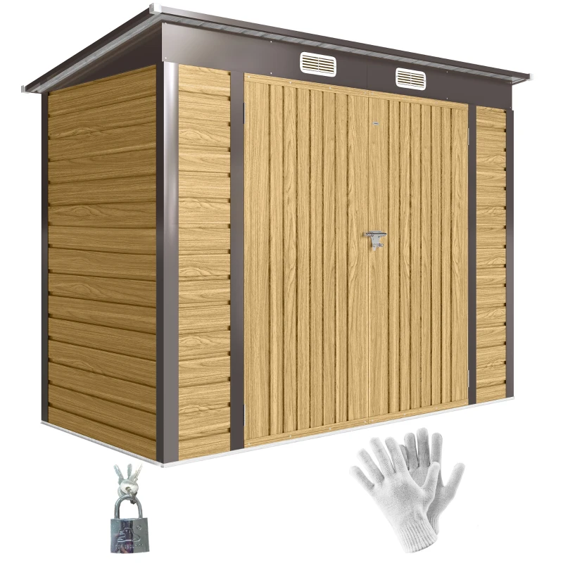 Outsunny 8 x 4FT Galvanized Garden Storage Shed, Metal Outdoor Shed with Double Doors and 2 Vents, Oak