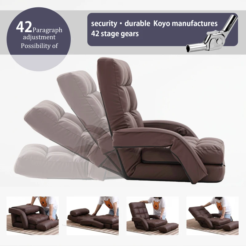 Cozy Floor Chair with 14 Adjustable Positions, Foldable Lazy Lounger for Home Offices and Gaming Rooms, 26.5"L x 22"W x 27"H, Brown