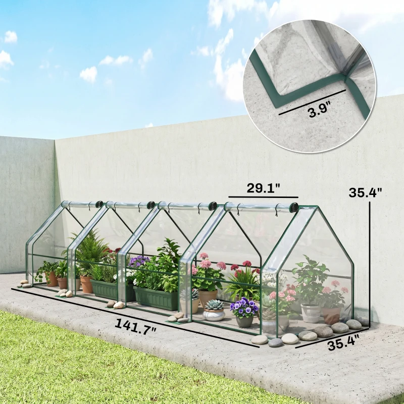 Outsunny Portable Mini Greenhouse, Outdoor Garden with Large Zipper Doors and Water/UV PVC Cover, 12' x 3' x 3', Clear