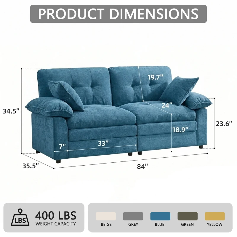 Modular Cloud Sofa with Soft Chenille Fabric, Cozy 2-Seater Couch for Apartments, Bedrooms, and Small Offices, 84"L x 35.5"W x 34.5"H, Blue