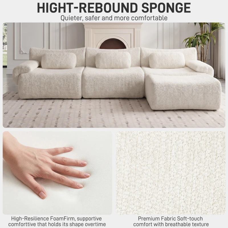 L-Shaped Compressed Sofa with High-Density Chenille Fabric and Supportive Backrests, Stylish Couch with Boneless Construction, 126"L x 68.5"W x 32"H, Beige