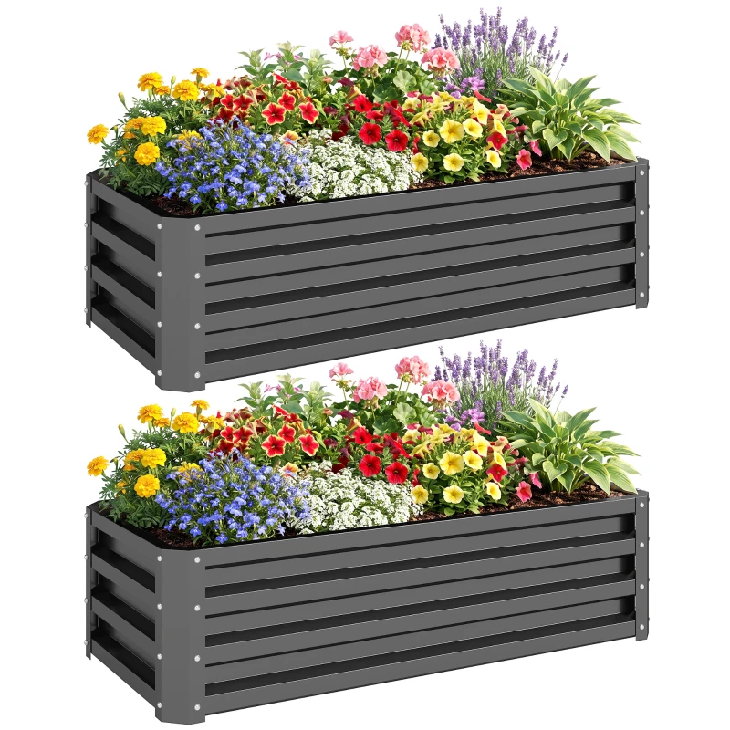 Outsunny Galvanized Raised Garden Beds, Outdoor Planter Box, Set of 2, for Flowers, Herbs and Vegetables, Light Grey