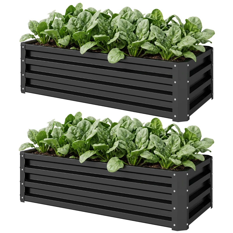Outsunny Galvanized Raised Garden Beds, Outdoor Planter Box, Set of 2, for Flowers, Herbs and Vegetables, Black