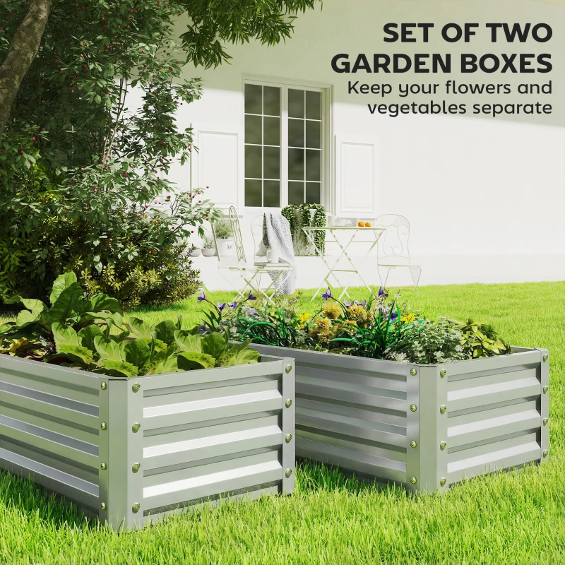 Outsunny Galvanized Raised Garden Beds, Outdoor Planter Box, Set of 2, for Flowers, Herbs and Vegetables, Silver