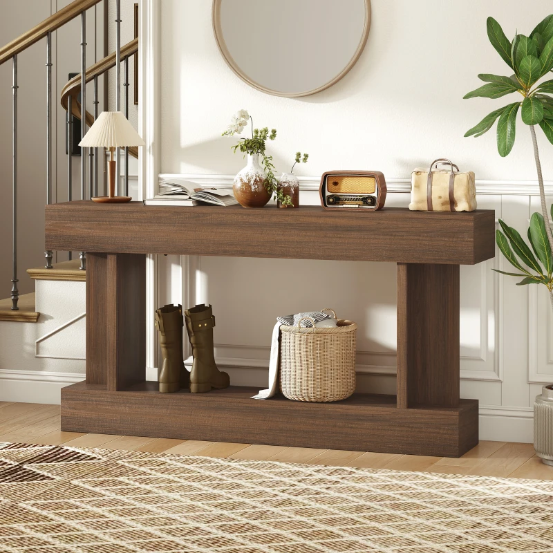 HOMCOM 63 Inch Long Console Table, Vintage Narrow Entryway Table with Storage Shelf for Living Room and Hallway, Brown