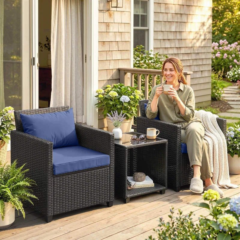 Outsunny 3 Piece Patio Bistro Set, Wicker Furniture Set with Thick Cushions, Glass Coffee Table and Chairs for Garden, Dark Blue