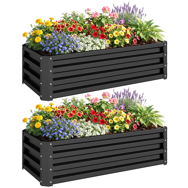 Outsunny Galvanized Raised Garden Beds, Outdoor Planter Box, Set of 2, for Flowers, Herbs and Vegetables, Black