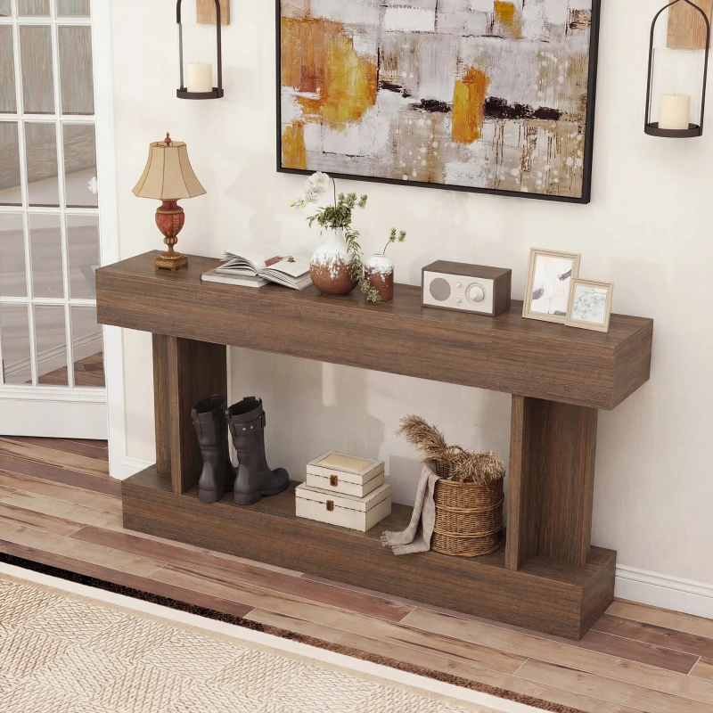 HOMCOM 63 Inch Long Console Table, Vintage Narrow Entryway Table with Storage Shelf for Living Room and Hallway, Brown