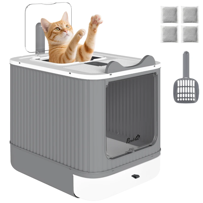 PawHut Cat Litter Box with Lid, Enclosed Litter Box for Medium Cats, Front-Entry and Top-Exit, Scoop, Deodorizer Bag, White