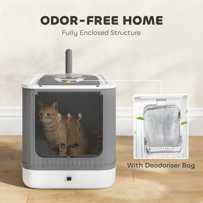 PawHut Cat Litter Box with Lid, Enclosed Litter Box for Medium Cats, Front-Entry and Top-Exit, Scoop, Deodorizer Bag, White
