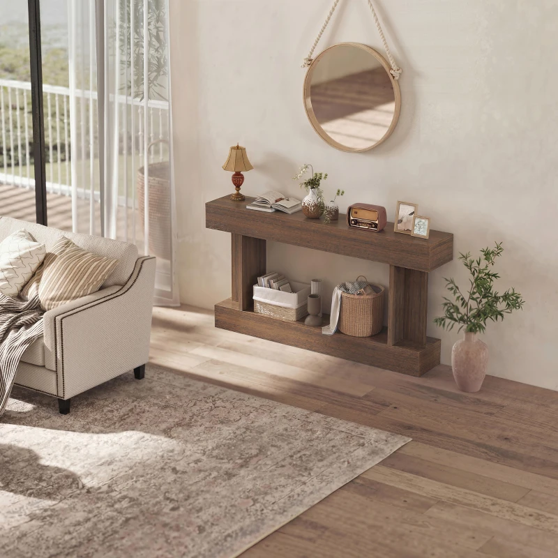 HOMCOM 63 Inch Long Console Table, Vintage Narrow Entryway Table with Storage Shelf for Living Room and Hallway, Brown