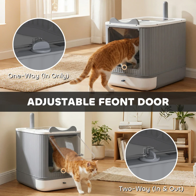 PawHut Cat Litter Box with Lid, Enclosed Litter Box for Medium Cats, Front-Entry and Top-Exit, Scoop, Deodorizer Bag, White