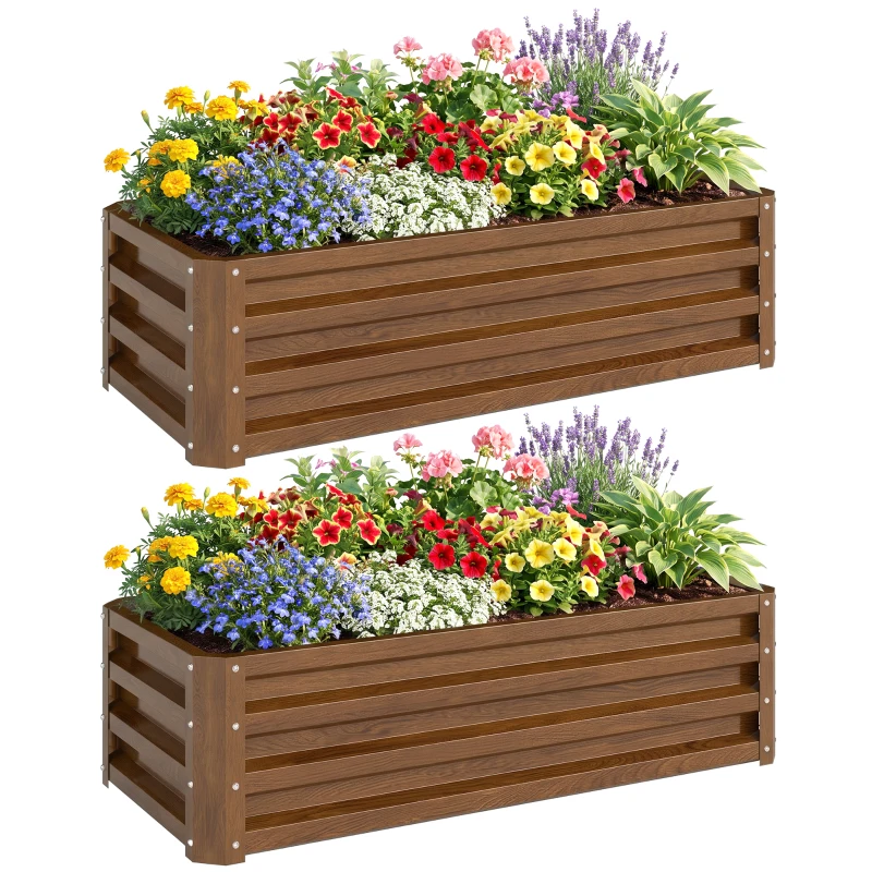 Outsunny Galvanized Raised Garden Beds, Outdoor Planter Box, Set of 2, for Flowers, Herbs and Vegetables, Brown Wood Effect