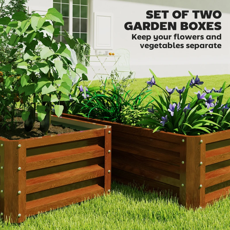 Outsunny Galvanized Raised Garden Beds, Outdoor Planter Box, Set of 2, for Flowers, Herbs and Vegetables, Brown Wood Effect