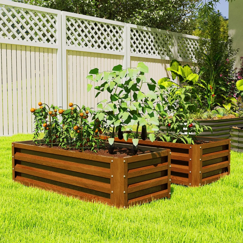 Outsunny Galvanized Raised Garden Beds, Outdoor Planter Box, Set of 2, for Flowers, Herbs and Vegetables, Brown Wood Effect