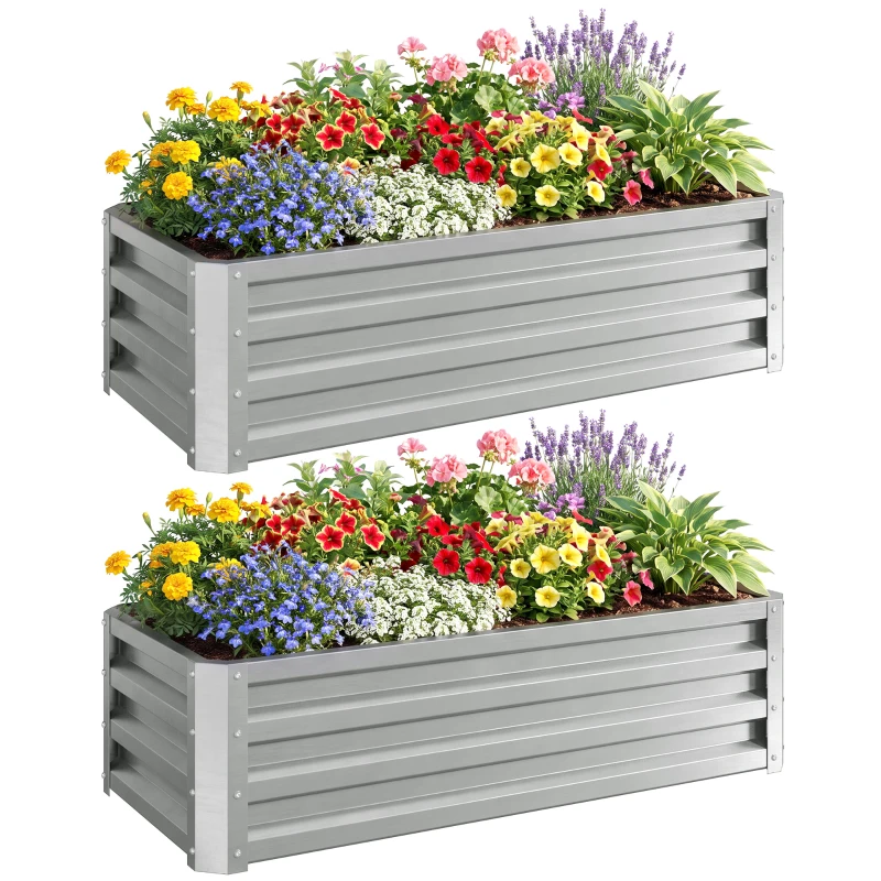 Outsunny Galvanized Raised Garden Beds, Outdoor Planter Box, Set of 2, for Flowers, Herbs and Vegetables, Silver