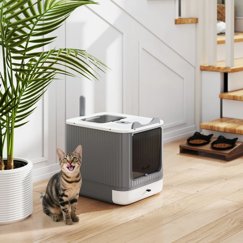 PawHut Cat Litter Box with Lid, Enclosed Litter Box for Medium Cats, Front-Entry and Top-Exit, Scoop, Deodorizer Bag, White