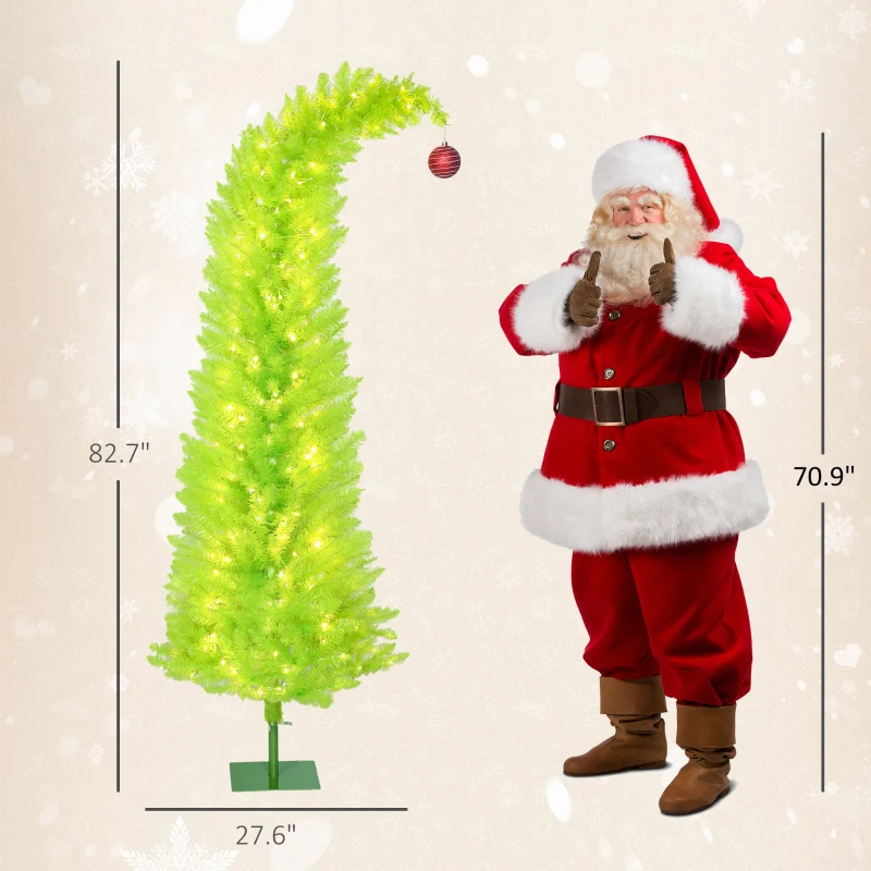 HOMCOM 7 ft Whimsical Christmas Tree, Pencil Xmas Tree with Red Ball, Metal Base, Prelit with 250 LED Lights