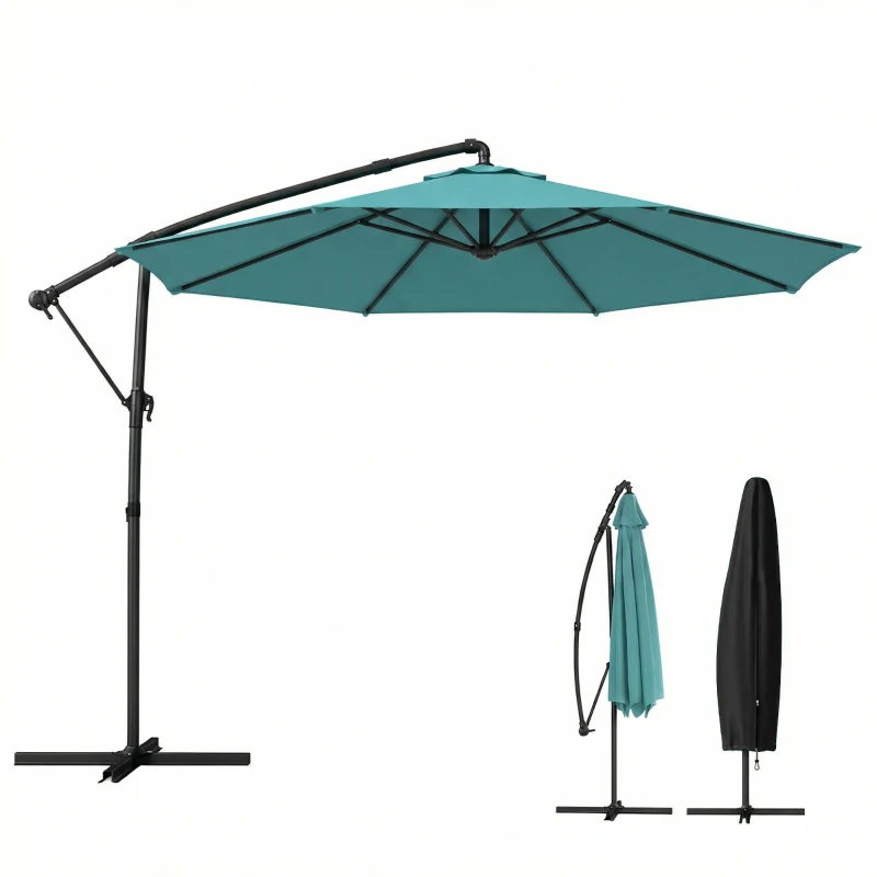 Outsunny 10 ft Offset Patio Umbrella with Cover, Hanging Cantilever Umbrella with 360° Rotation, Crank Handle, Tilt, Sky Blue